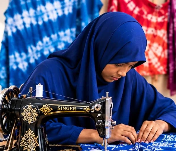 A woman sewing blue printed cloth on a Singer sewing machine