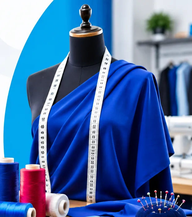 A tailor's mannequin draped in royal blue fabric with a measuring tape, beside thread spools and a pincushion