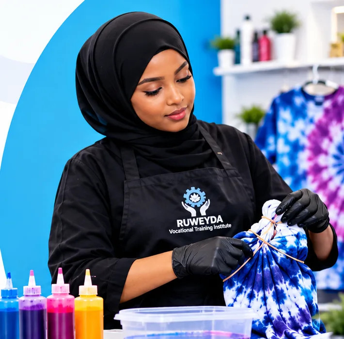 A trainee in an RTVTI apron and gloves ties a dyed shirt with string, beside bottles of dye
