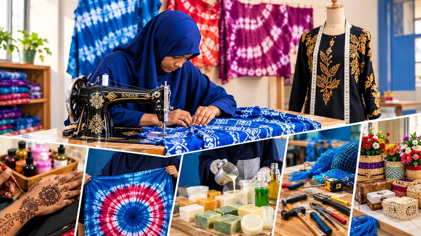 Trainees' work across RTVTI's trades: sewing, henna, tie and dye, soap making, tools and woven baskets